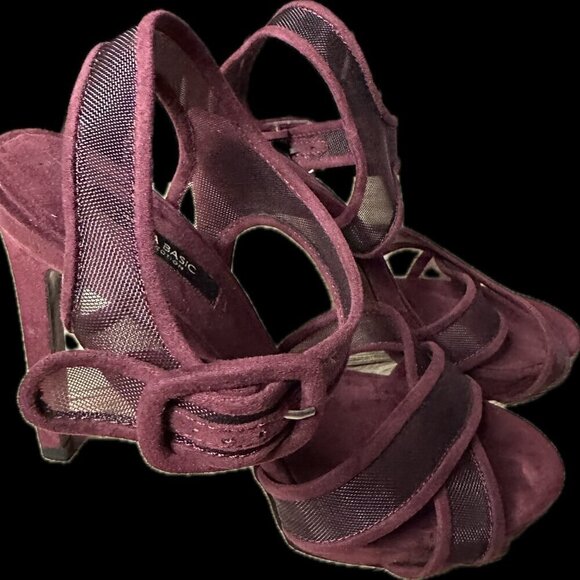 Zara Sheer Instep Straps Suede Stiletto Sandals Burgundy Red Women's Size 37 US - Picture 4 of 4